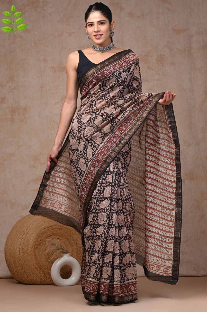 New Designer Hand Block Print Maheshwari Silk Saree
