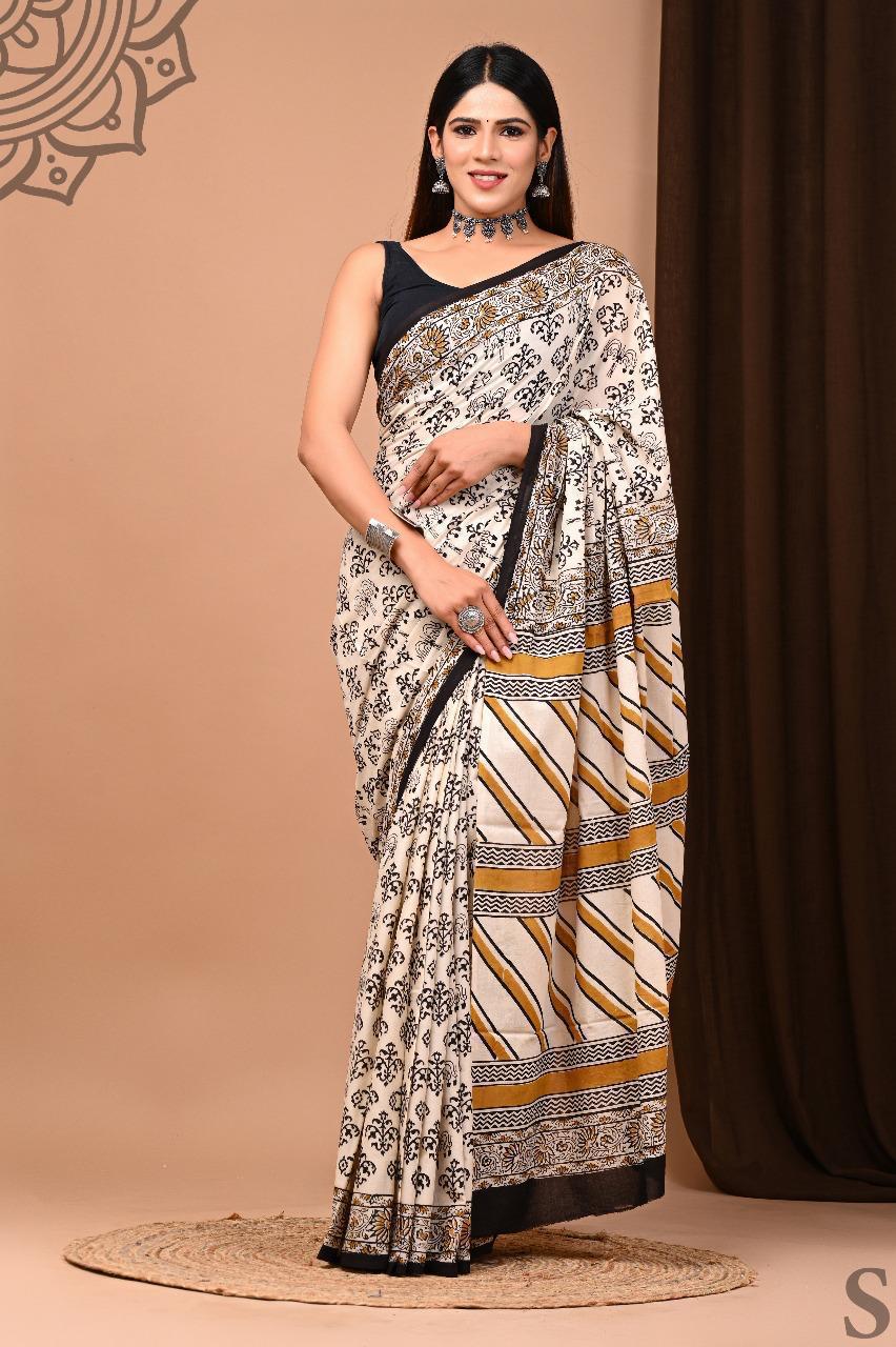 Traditional Authentic Hand Block Printed Pure Organic Cotton Sarees With matching Blouse
