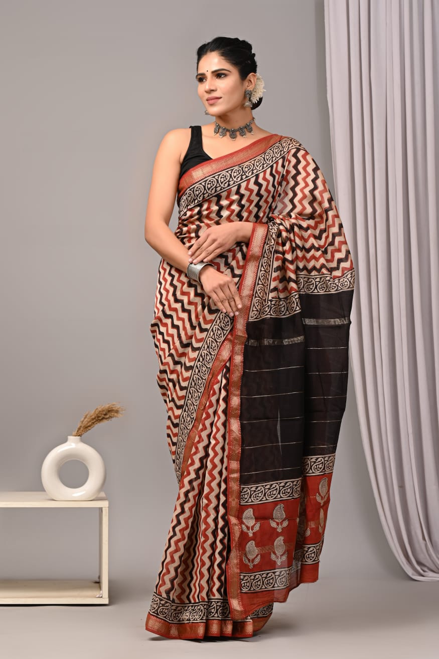 New Designer Hand Block Print Maheshwari Silk Saree