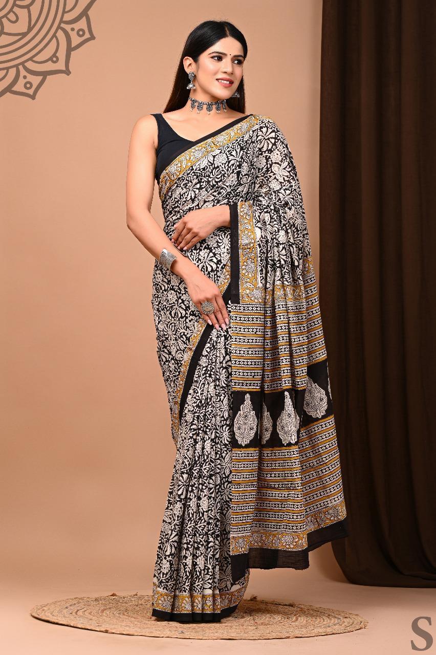 Traditional Authentic Hand Block Printed Pure Organic Cotton Sarees With matching Blouse