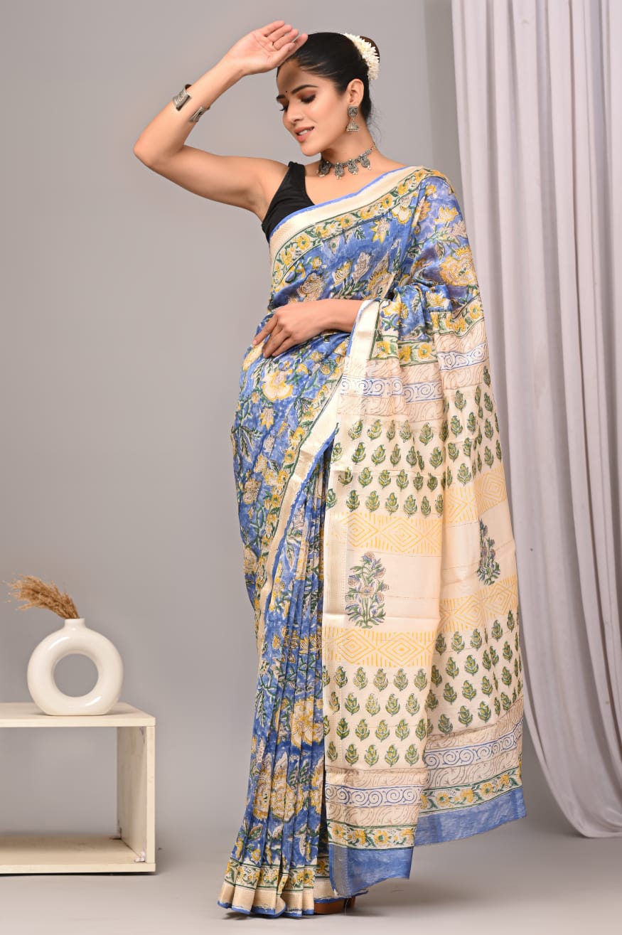 New Designer Hand Block Print Maheshwari Silk Saree