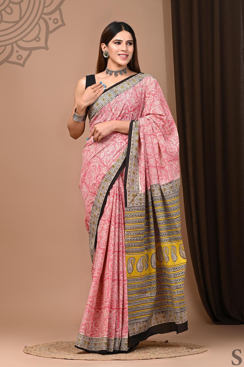 Traditional Authentic Hand Block Printed Pure Organic Cotton Sarees With matching Blouse