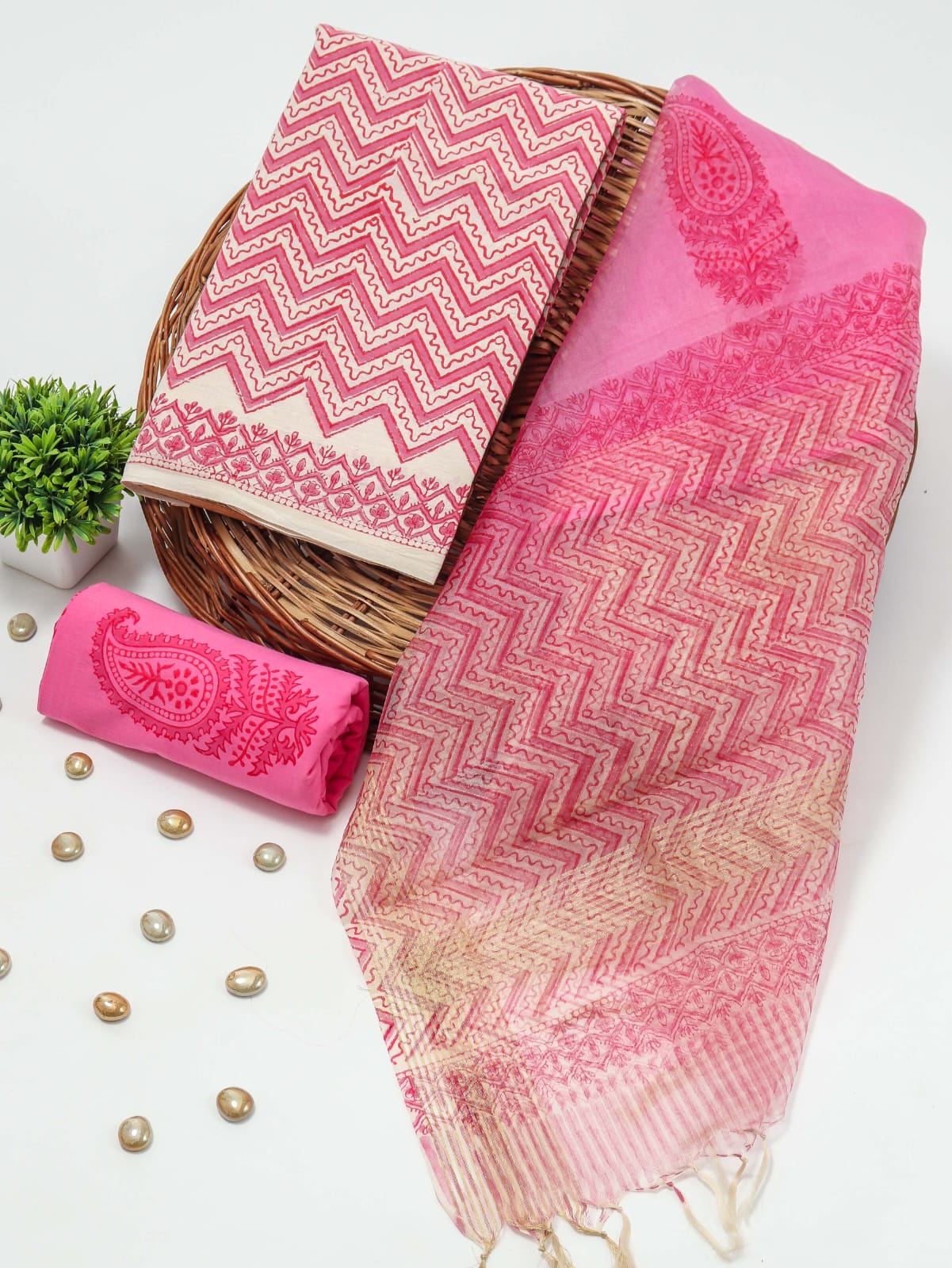 Elegant Hand Block Printed Cotton Suit With Organza Dupatta