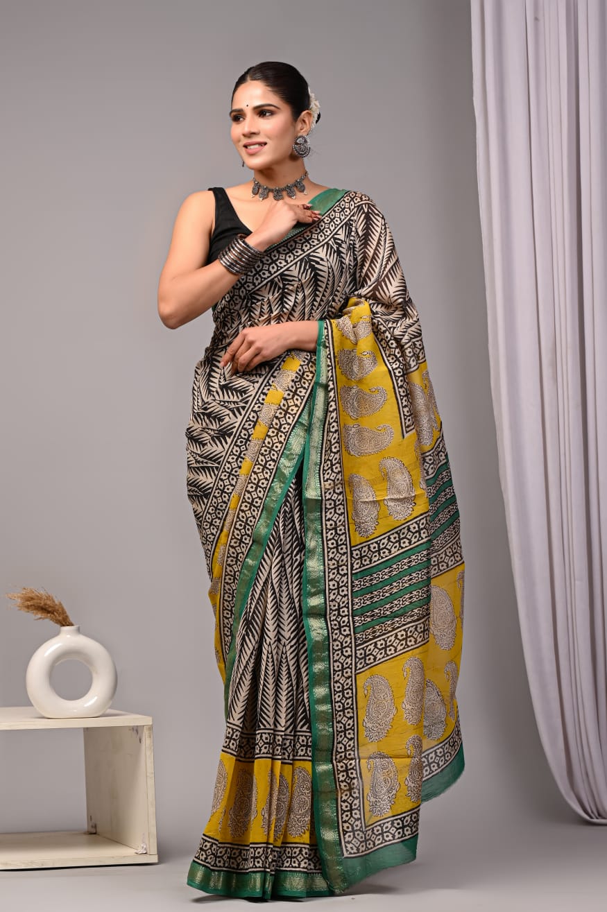 New Designer Hand Block Print Maheshwari Silk Saree