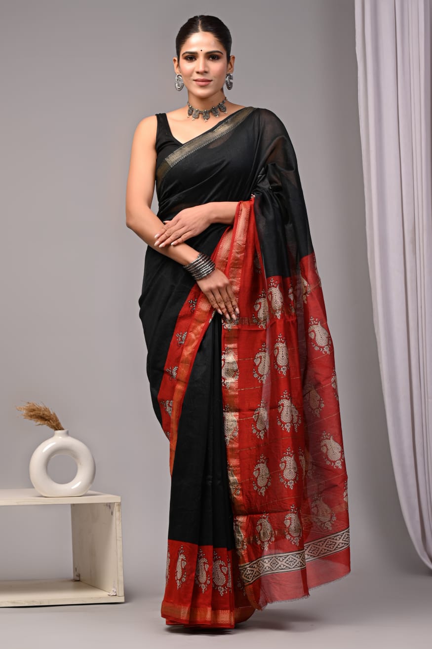 New Designer Hand Block Print Maheshwari Silk Saree