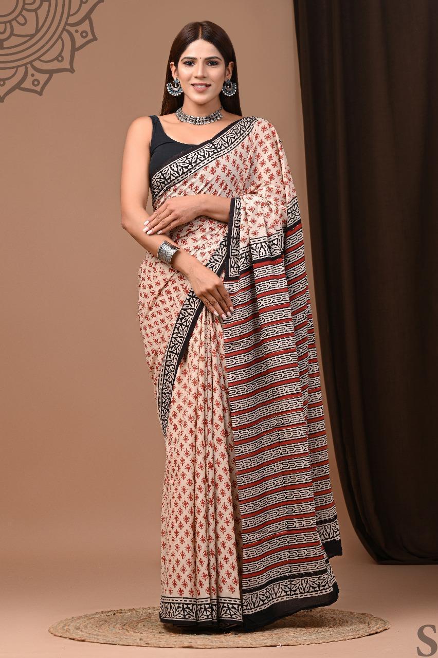 Traditional Authentic Hand Block Printed Pure Organic Cotton Sarees With matching Blouse