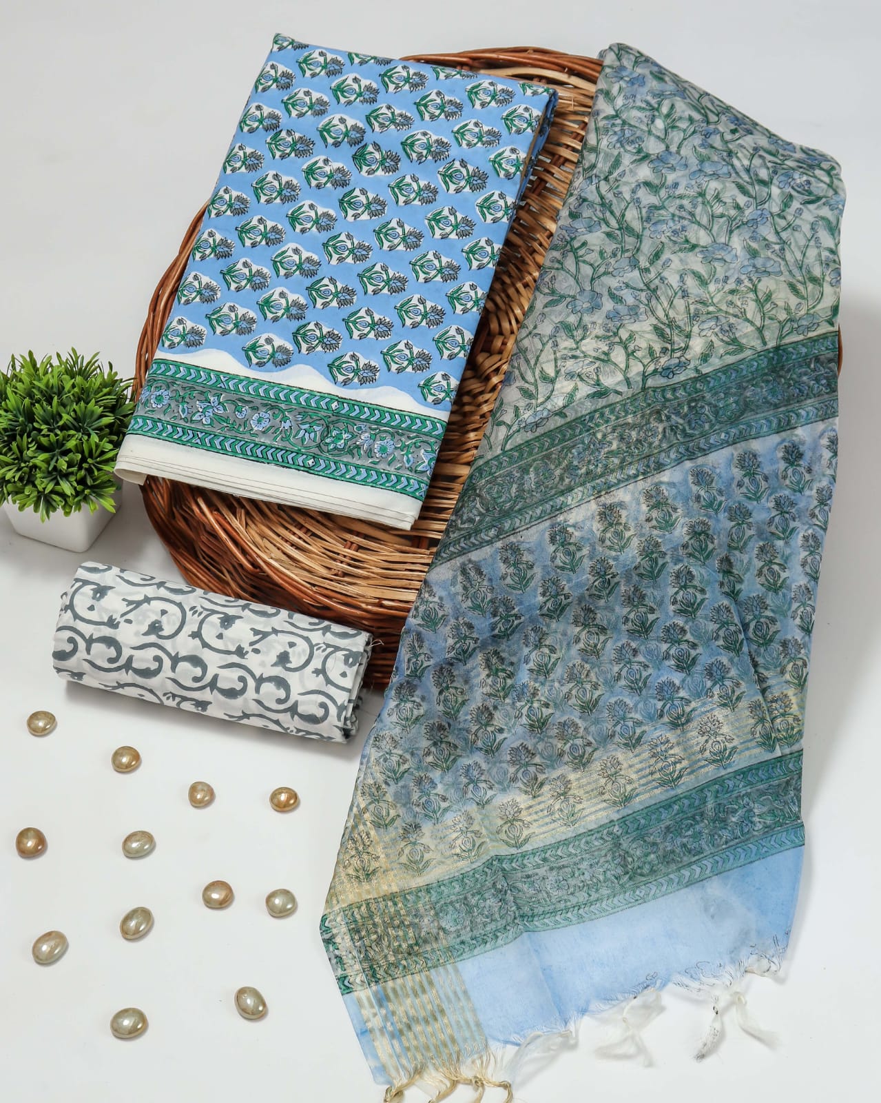 Elegant Hand Block Printed Cotton Suit With Organza Dupatta