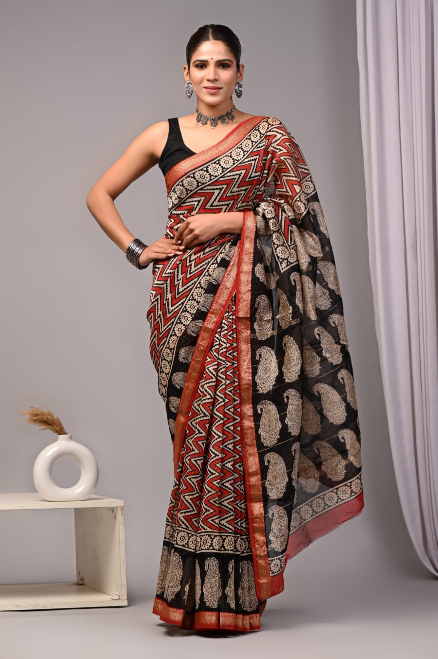 New Designer Hand Block Print Maheshwari Silk Saree