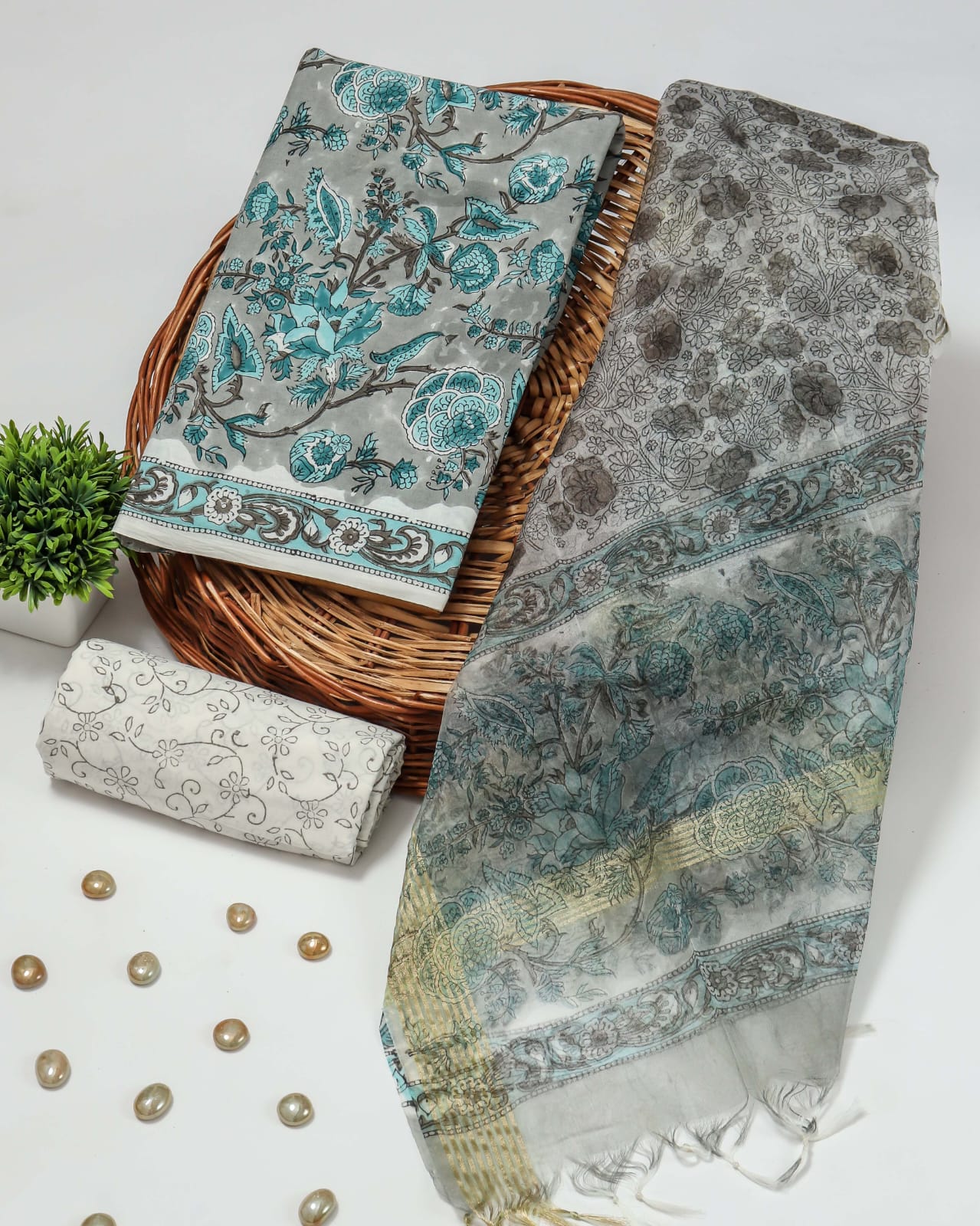 Elegant Hand Block Printed Cotton Suit With Organza Dupatta