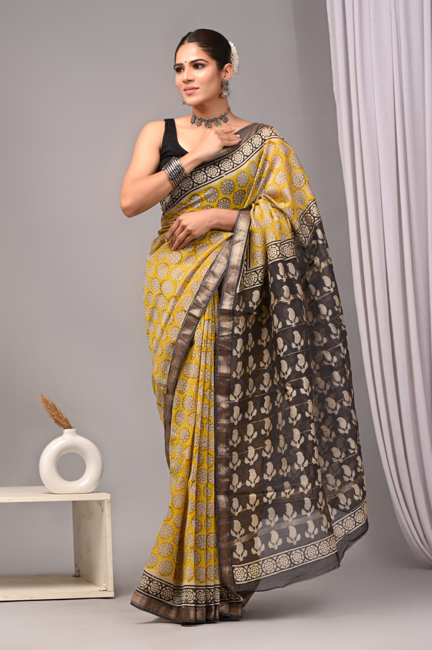 New Designer Hand Block Print Maheshwari Silk Saree
