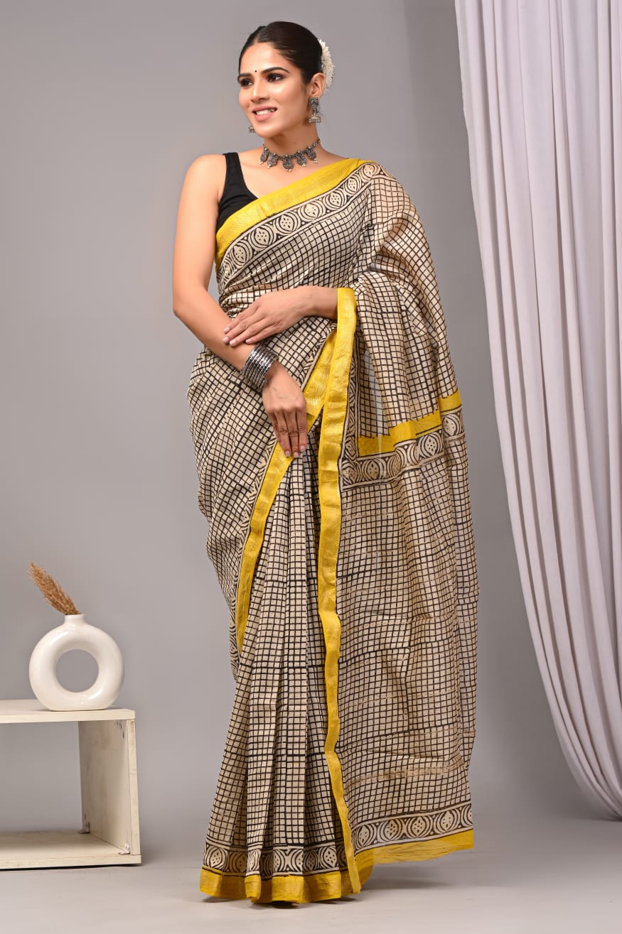 New Designer Hand Block Print Maheshwari Silk Saree