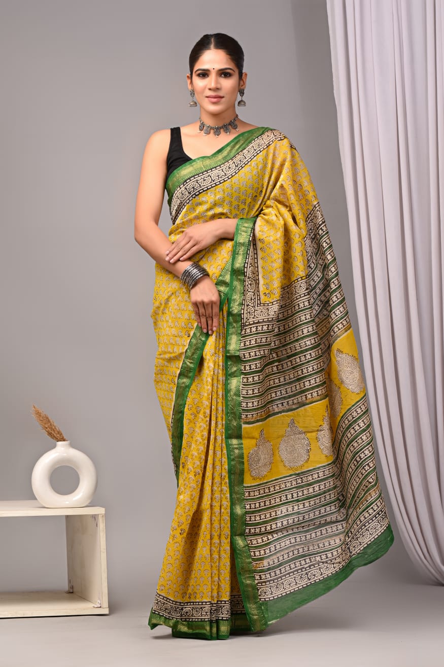 New Designer Hand Block Print Maheshwari Silk Saree