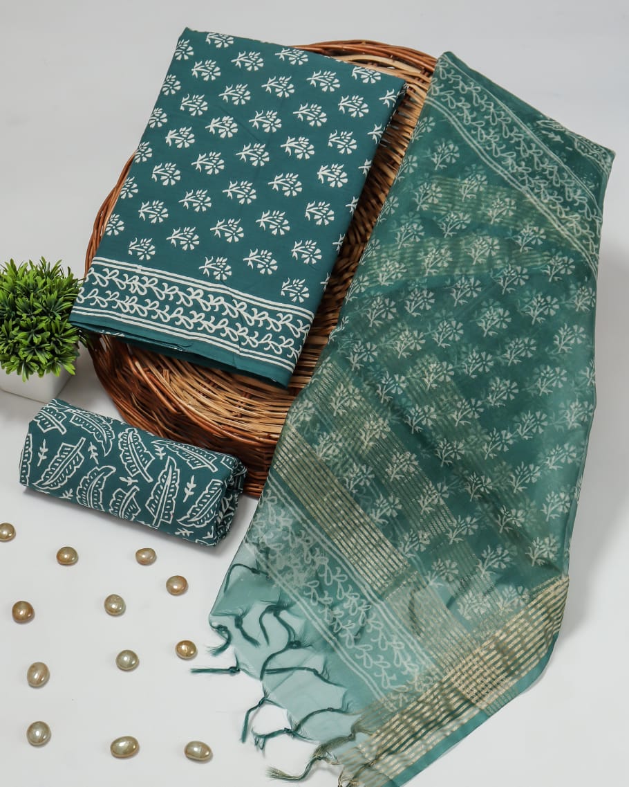 Elegant Hand Block Printed Cotton Suit With Organza Dupatta
