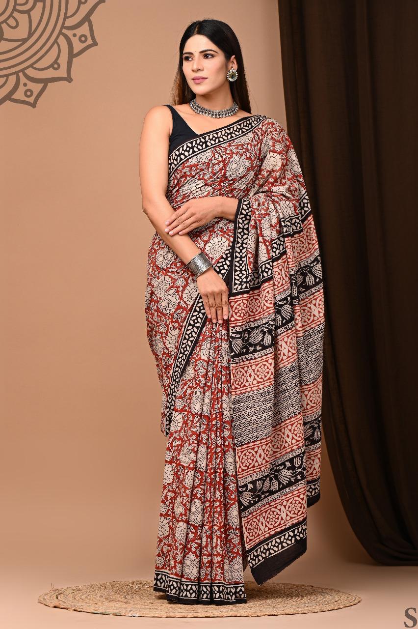 Traditional Authentic Hand Block Printed Pure Organic Cotton Sarees With matching Blouse