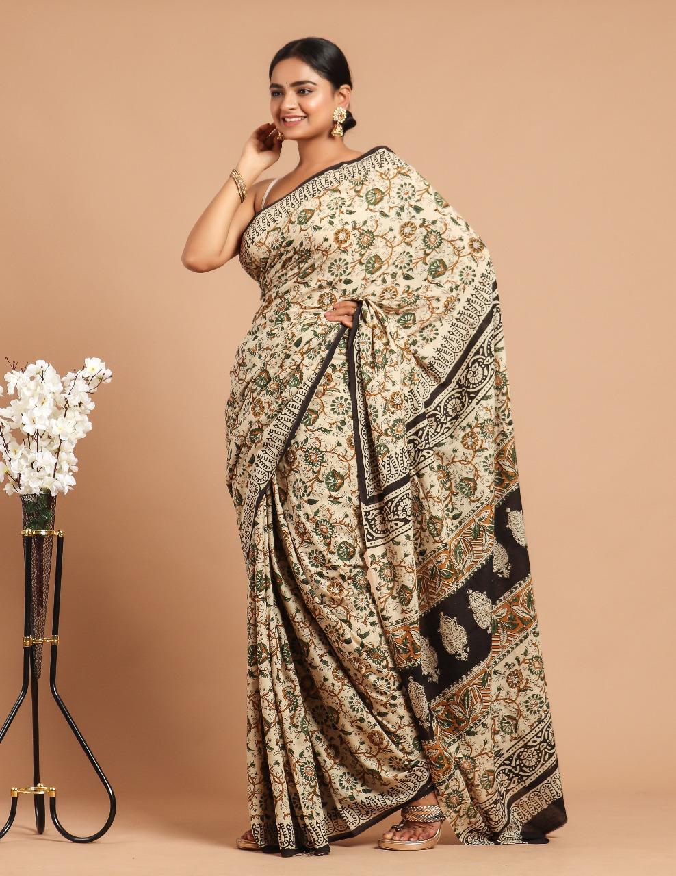Traditional Authentic Hand Block Printed Pure Organic Cotton Sarees With matching Blouse