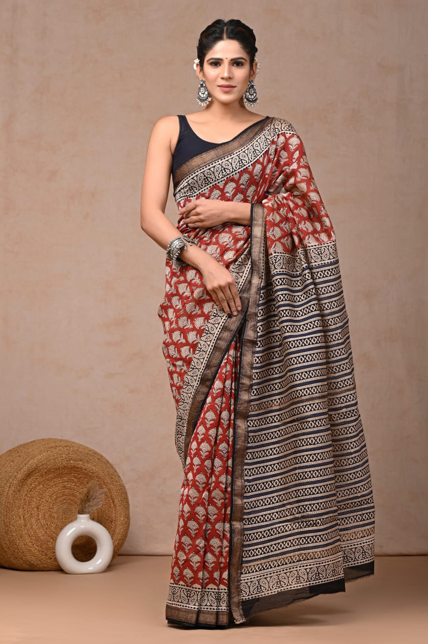 New Designer Hand Block Print Maheshwari Silk Saree