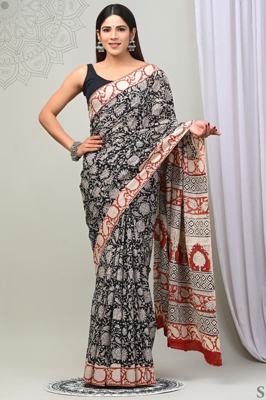 Traditional Authentic Hand Block Printed Pure Organic Cotton Sarees With matching Blouse
