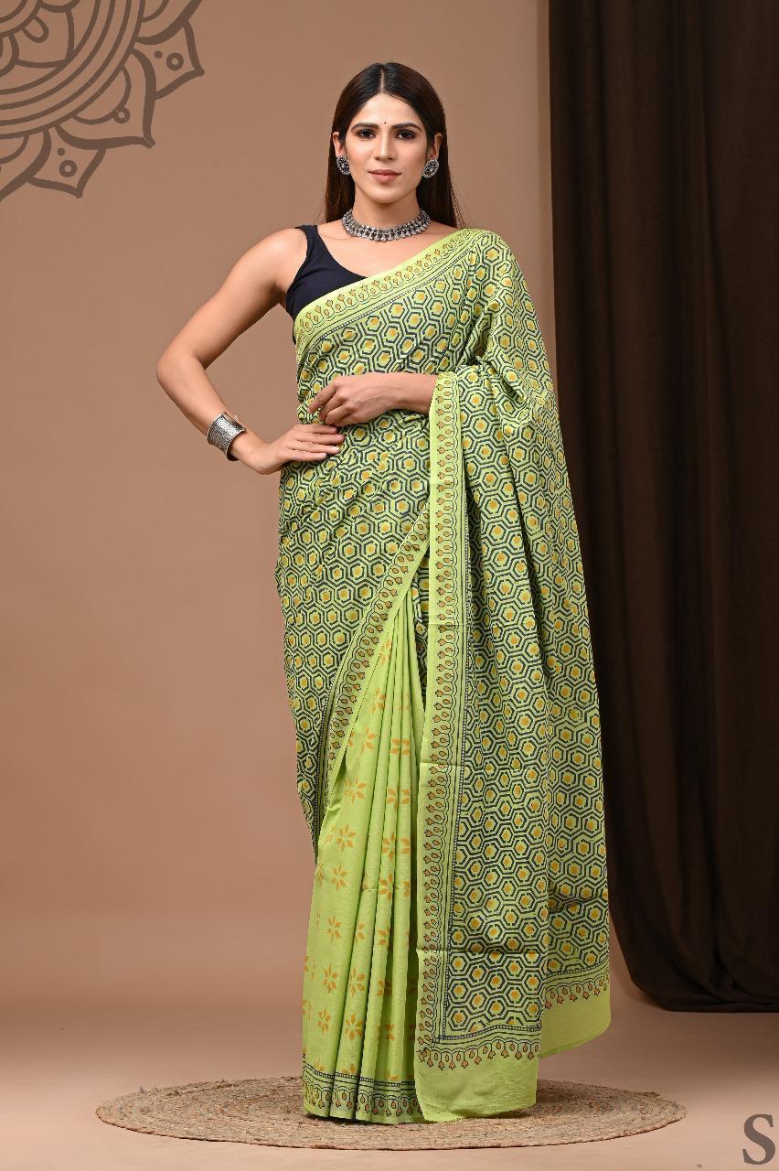 Traditional Authentic Hand Block Printed Pure Organic Cotton Sarees With matching Blouse