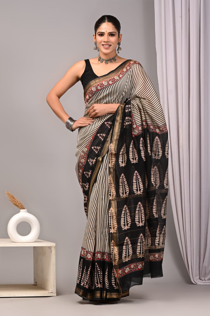 New Designer Hand Block Print Maheshwari Silk Saree