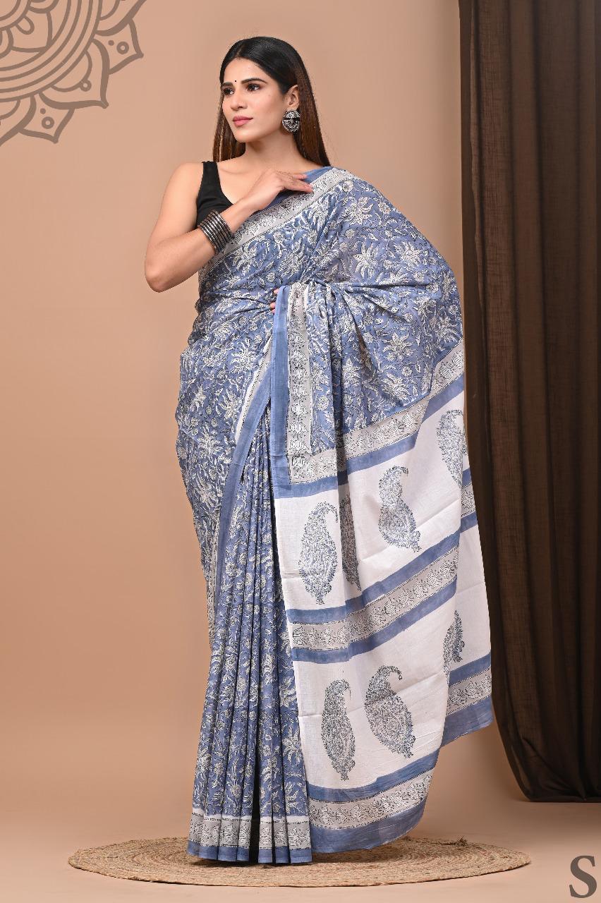 Traditional Authentic Hand Block Printed Pure Organic Cotton Sarees With matching Blouse