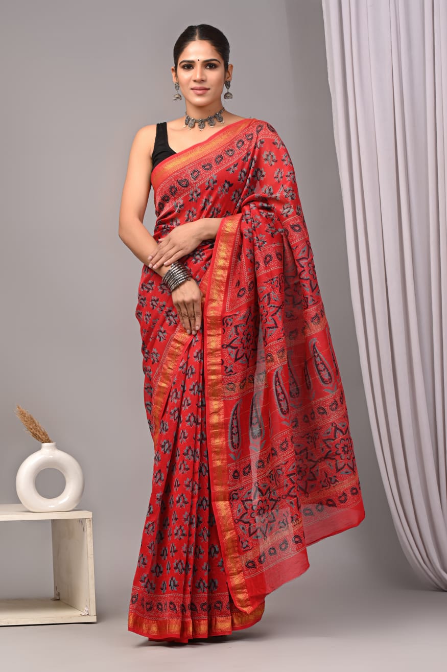 New Designer Hand Block Print Maheshwari Silk Saree