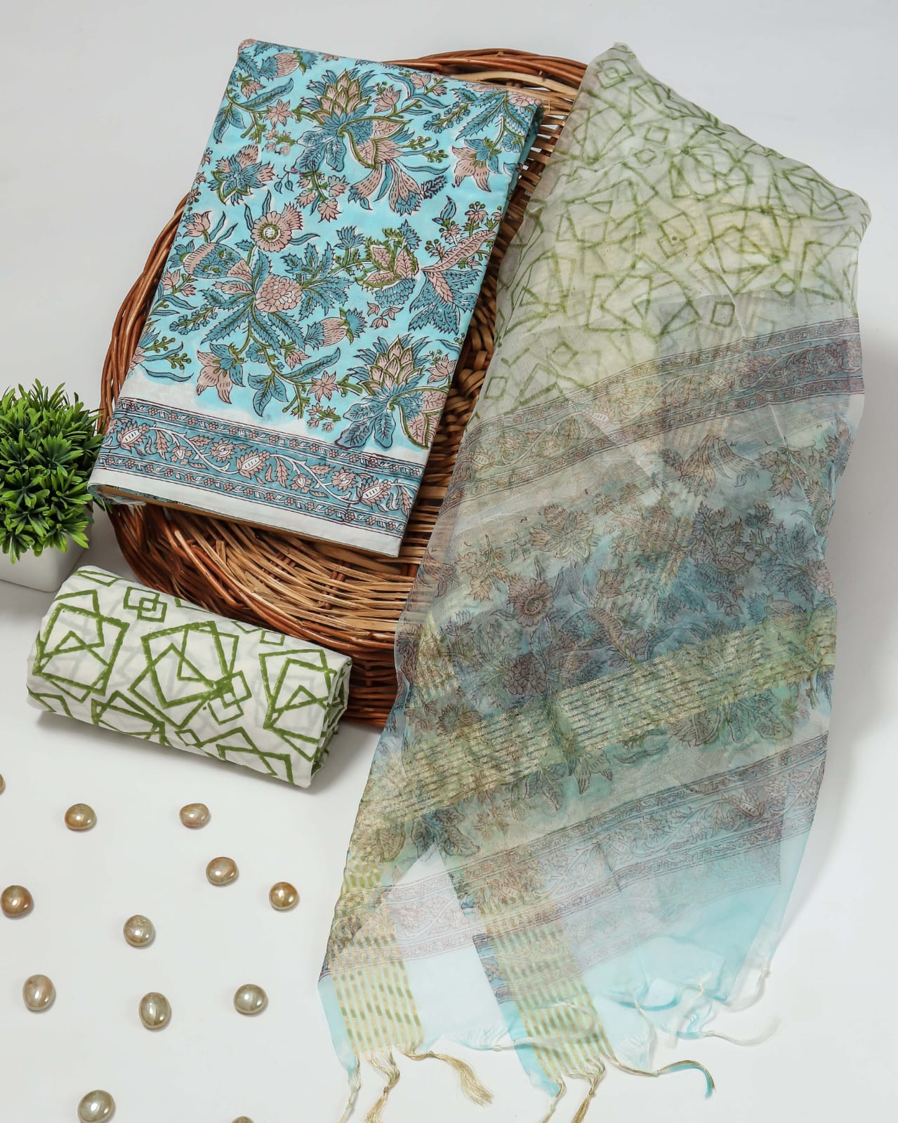 Elegant Hand Block Printed Cotton Suit With Organza Dupatta