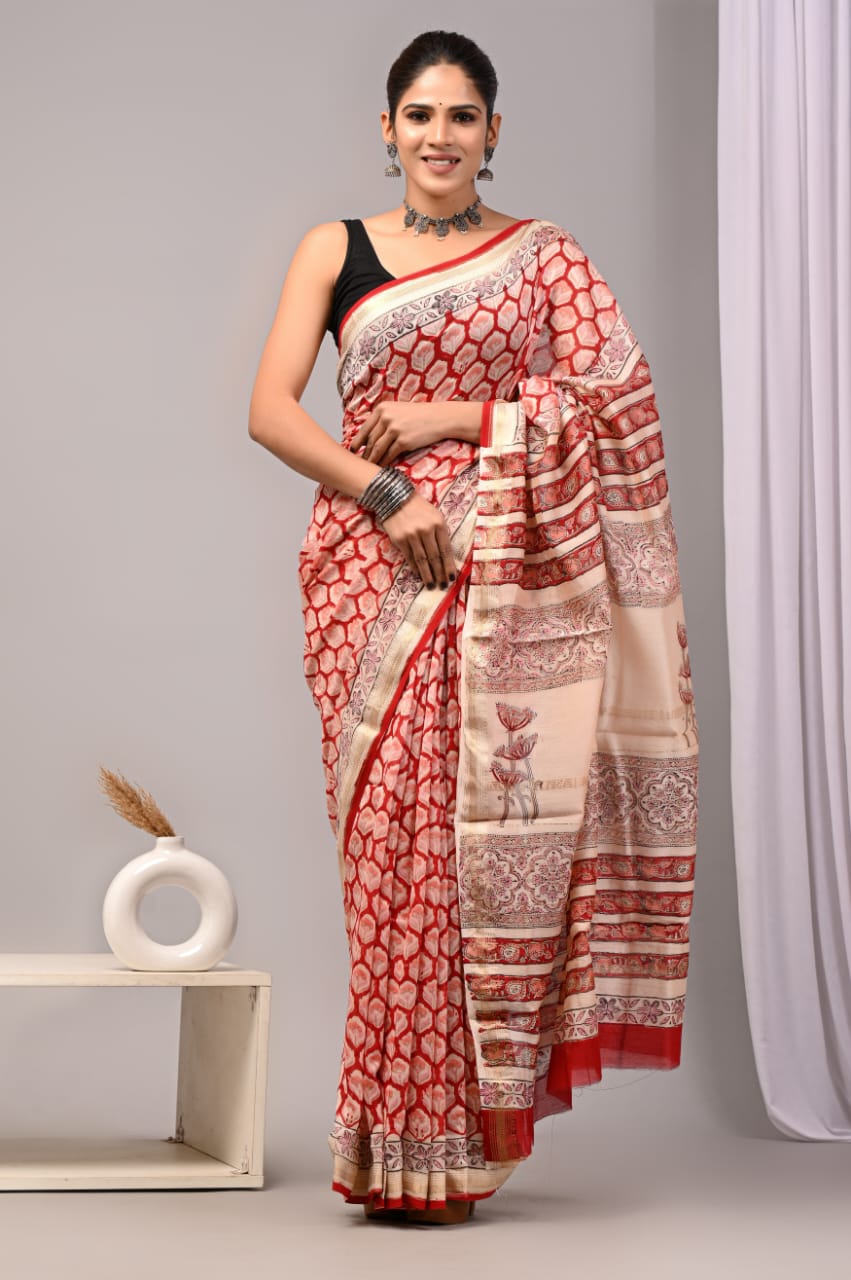 New Designer Hand Block Print Maheshwari Silk Saree