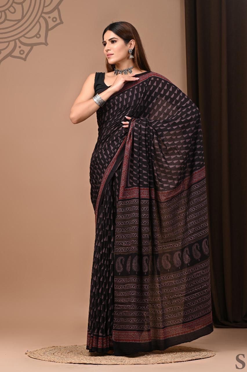 Traditional Authentic Hand Block Printed Pure Organic Cotton Sarees With matching Blouse