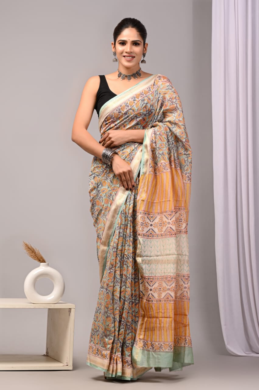 New Designer Hand Block Print Maheshwari Silk Saree