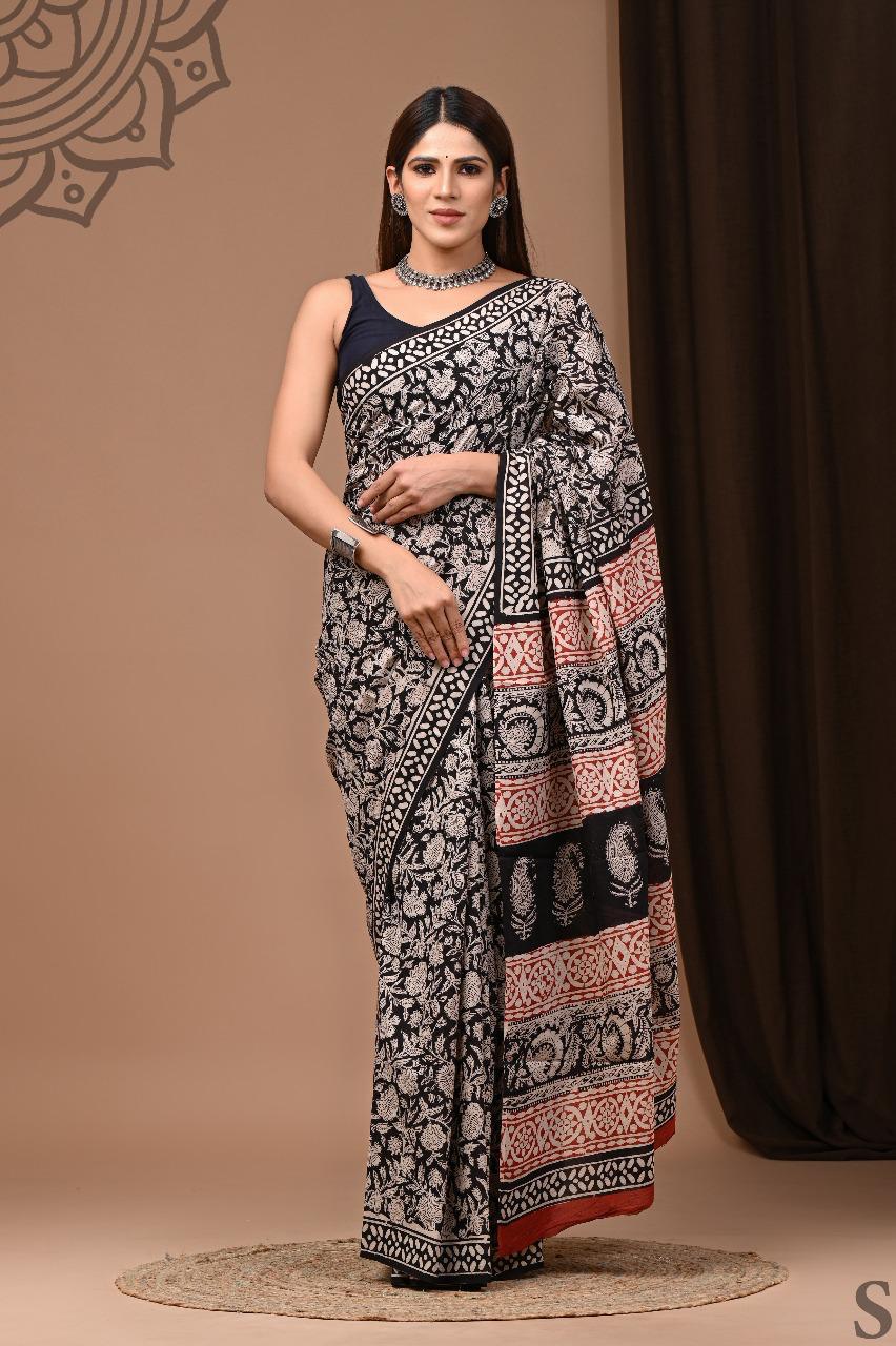 Traditional Authentic Hand Block Printed Pure Organic Cotton Sarees With matching Blouse