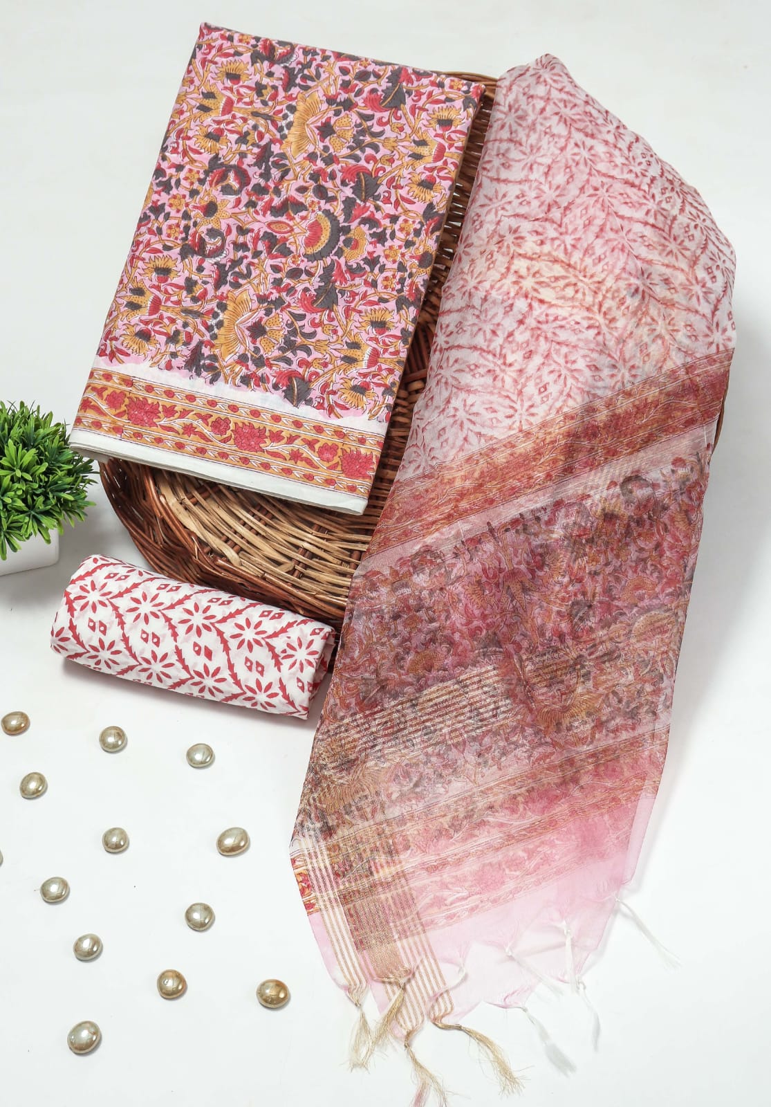 Elegant Hand Block Printed Cotton Suit With Organza Dupatta