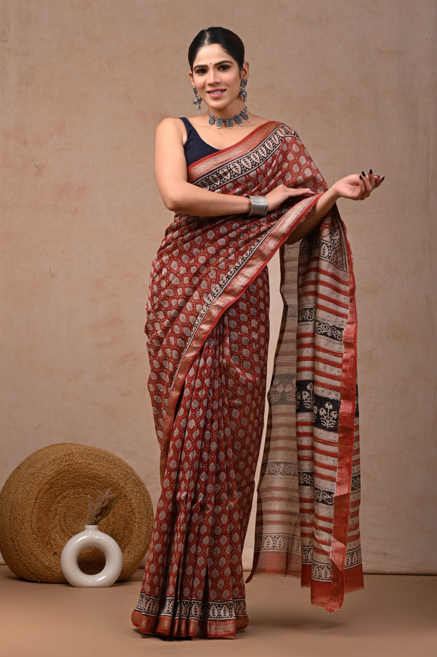 New Designer Hand Block Print Maheshwari Silk Saree