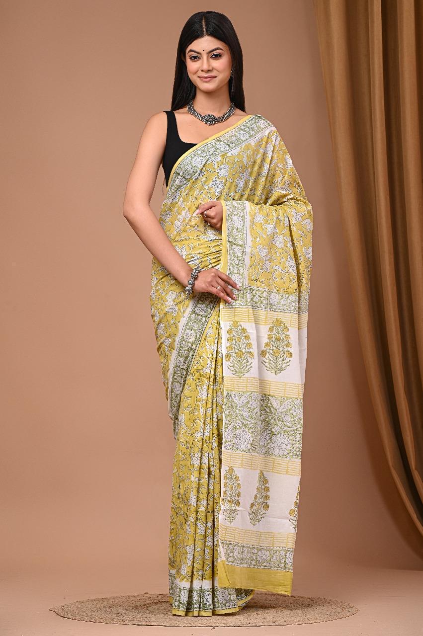 Traditional Authentic Hand Block Printed Pure Organic Cotton Sarees With matching Blouse