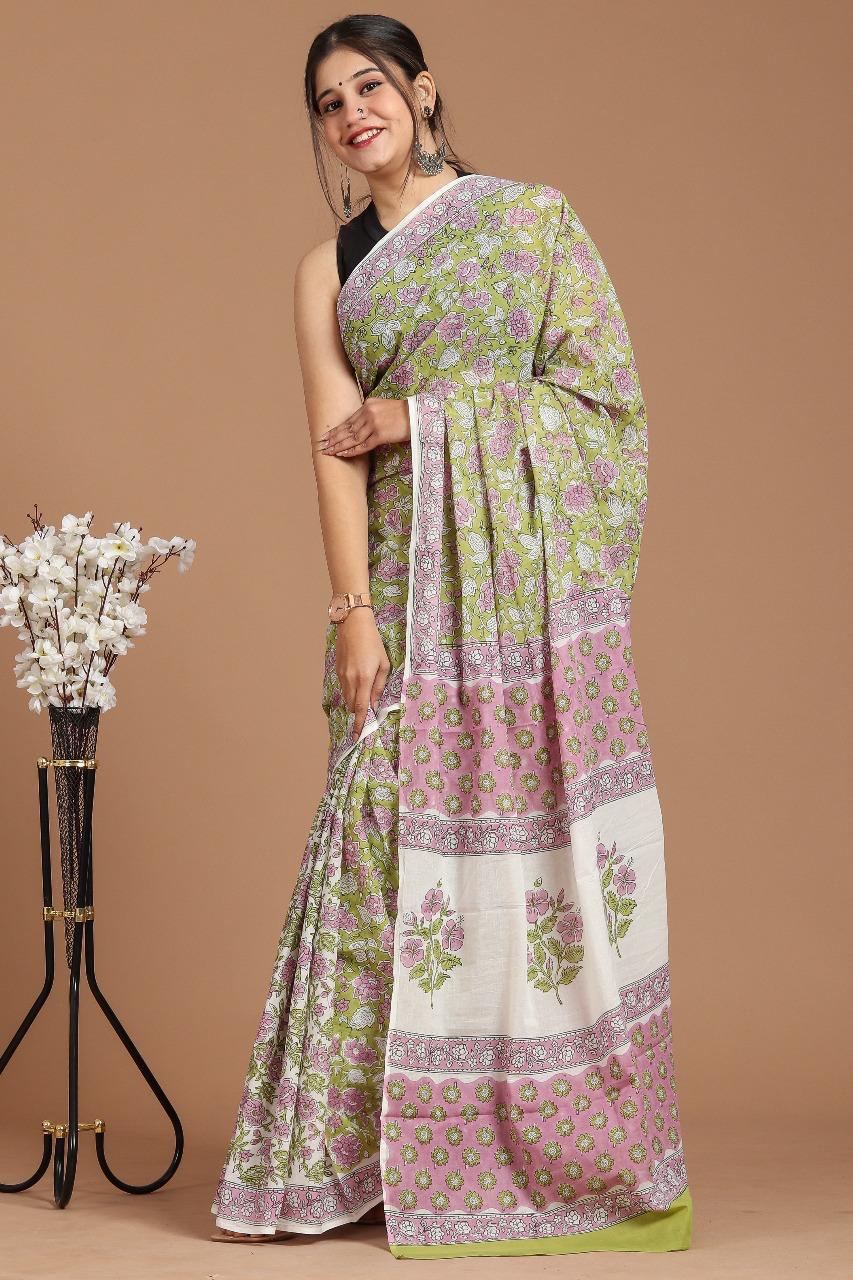 Traditional Authentic Hand Block Printed Pure Organic Cotton Sarees With matching Blouse