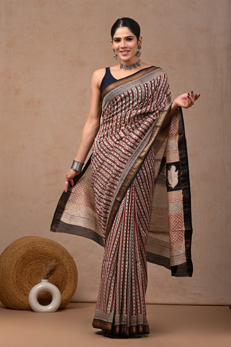 New Designer Hand Block Print Maheshwari Silk Saree