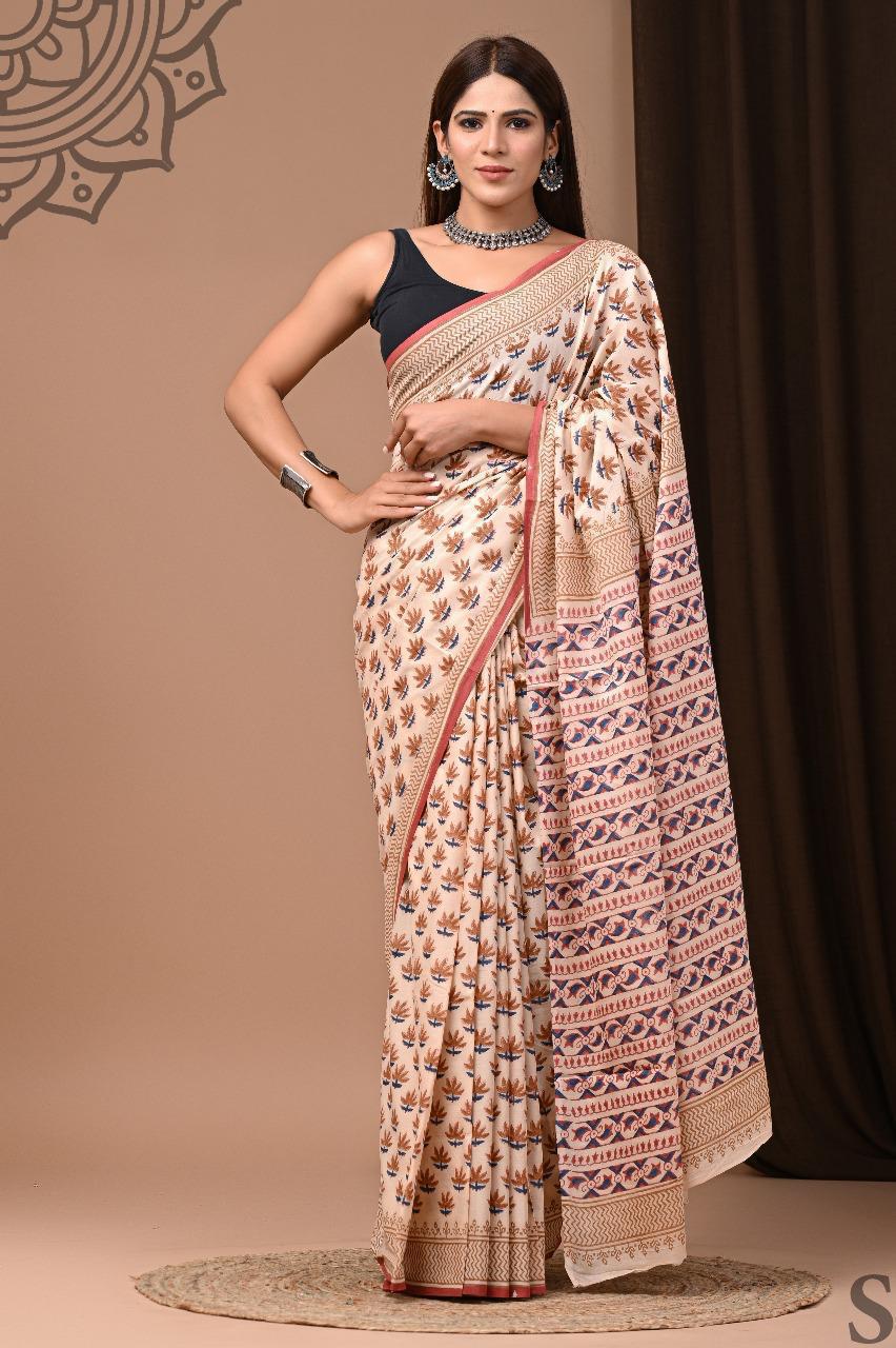 Traditional Authentic Hand Block Printed Pure Organic Cotton Sarees With matching Blouse