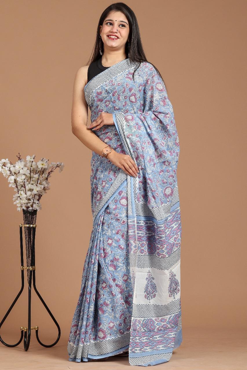 Traditional Authentic Hand Block Printed Pure Organic Cotton Sarees With matching Blouse