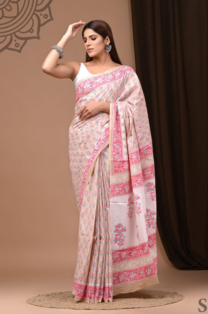 Traditional Authentic Hand Block Printed Pure Organic Cotton Sarees With matching Blouse