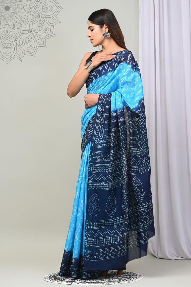 Traditional Authentic Hand Block Printed Pure Organic Cotton Sarees With matching Blouse
