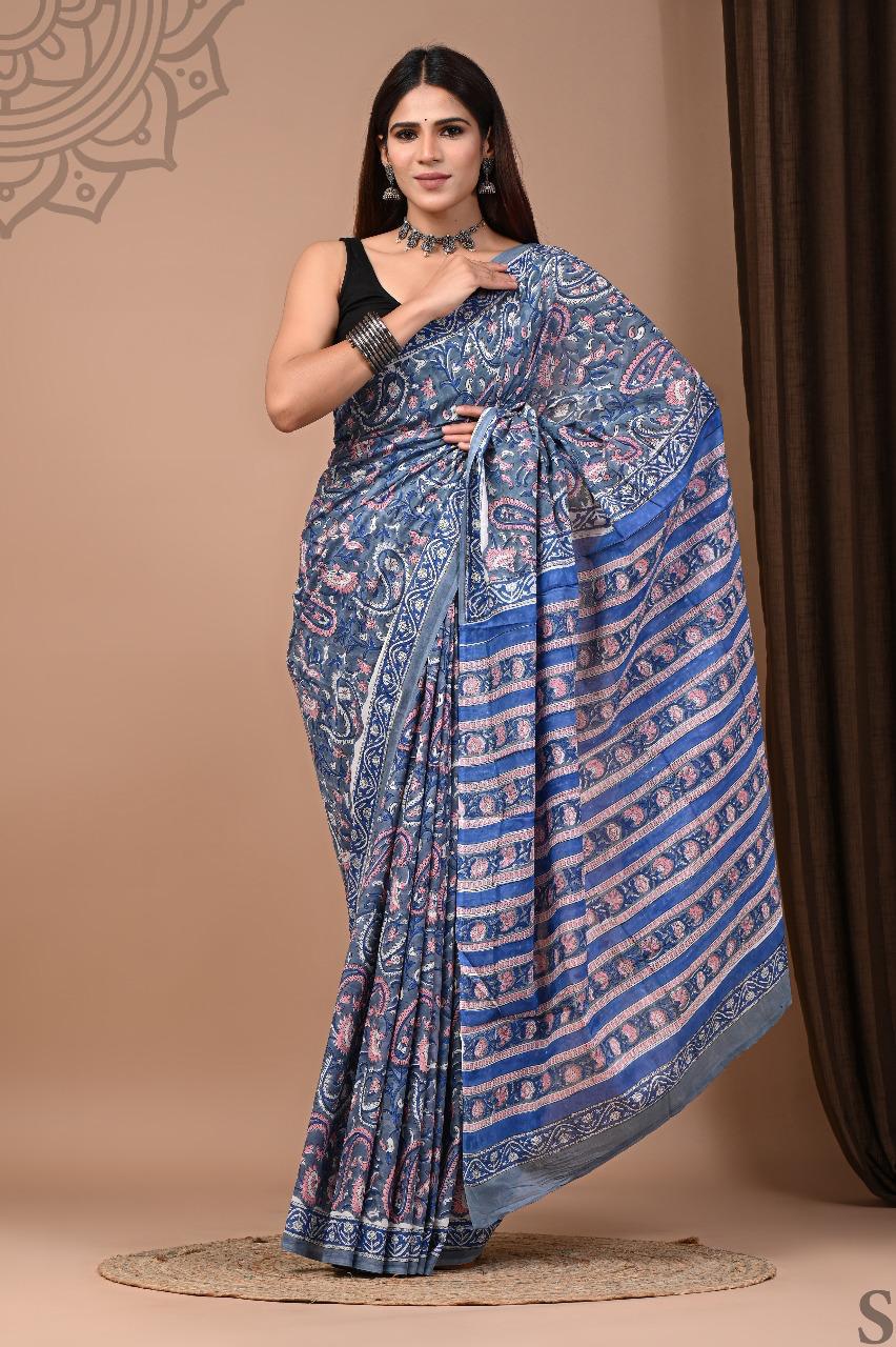 Traditional Authentic Hand Block Printed Pure Organic Cotton Sarees With matching Blouse