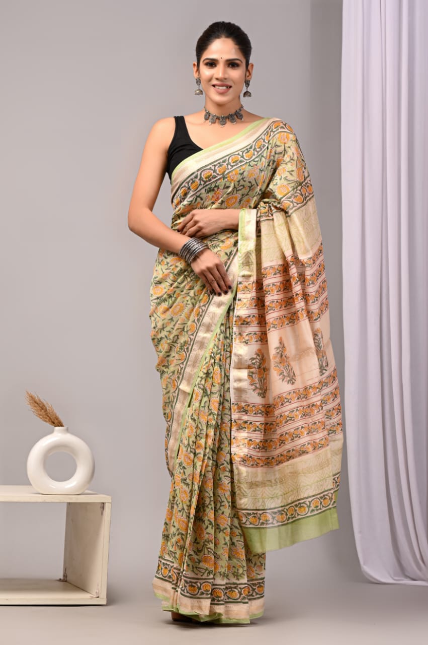 New Designer Hand Block Print Maheshwari Silk Saree