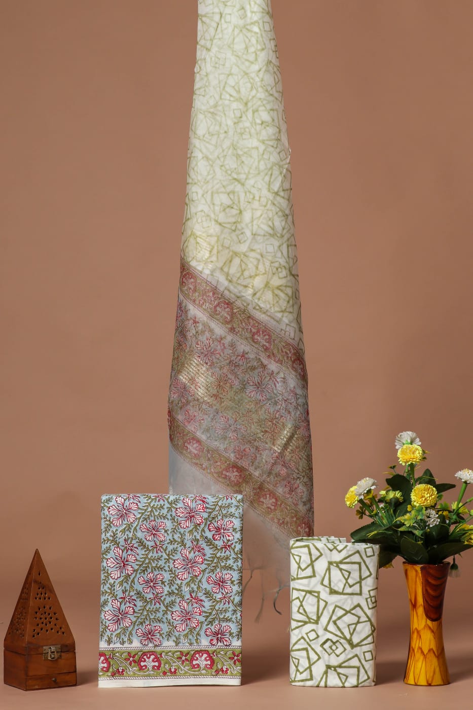 Elegant Hand Block Printed Cotton Suit With Organza Dupatta