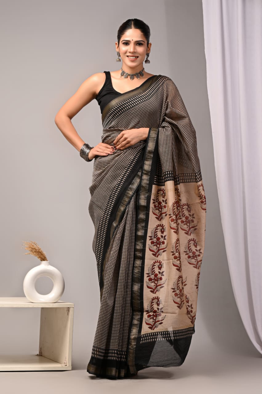 New Designer Hand Block Print Maheshwari Silk Saree