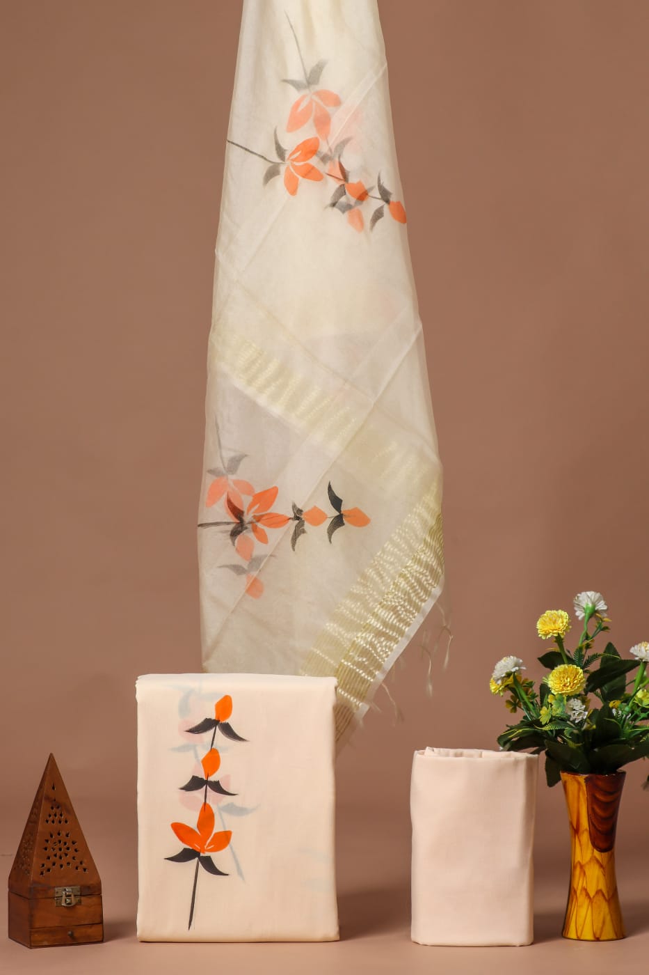 Elegant Hand Block Printed Cotton Suit With Organza Dupatta