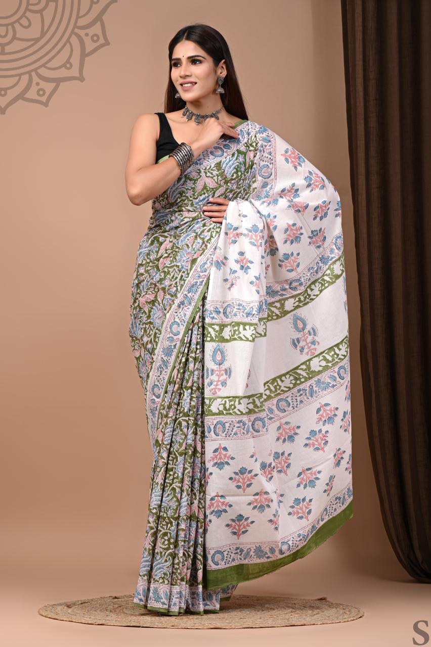 Traditional Authentic Hand Block Printed Pure Organic Cotton Sarees With matching Blouse