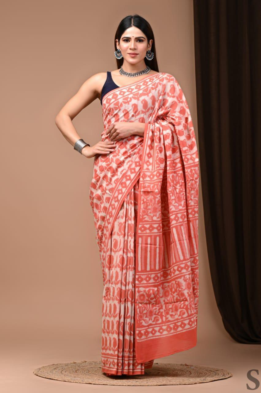 Traditional Authentic Hand Block Printed Pure Organic Cotton Sarees With matching Blouse