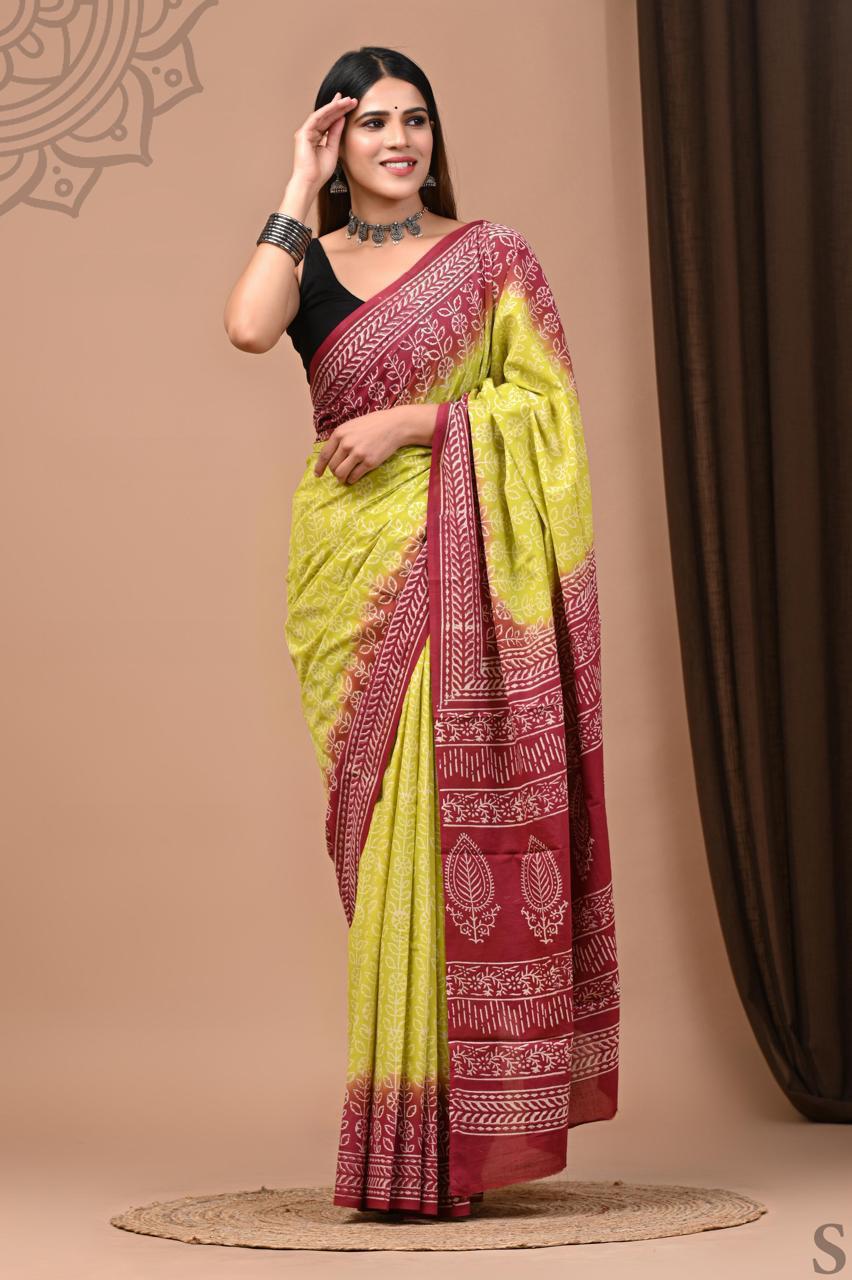 Traditional Authentic Hand Block Printed Pure Organic Cotton Sarees With matching Blouse