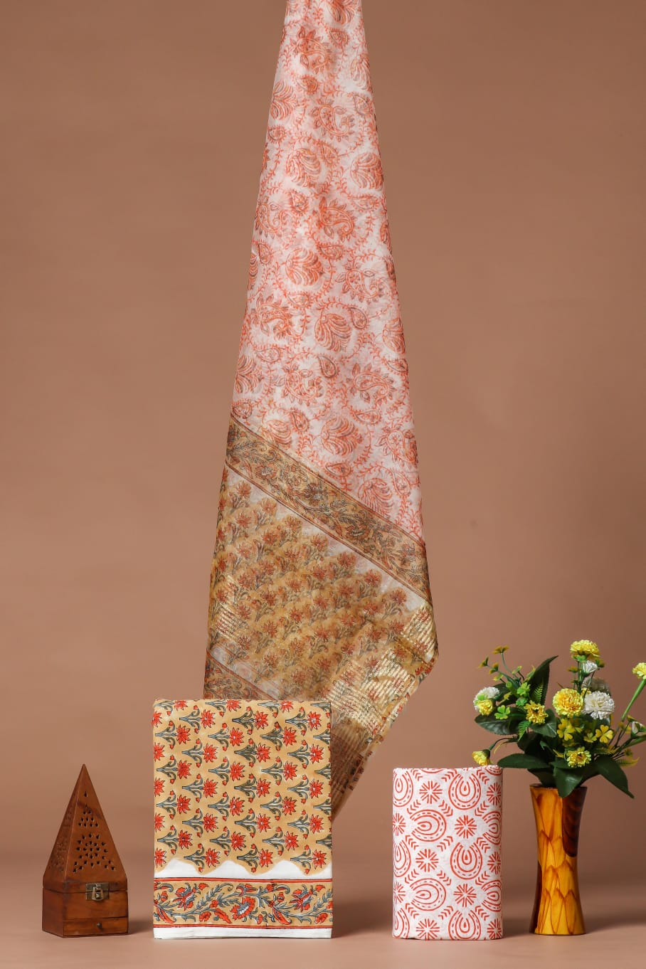 Elegant Hand Block Printed Cotton Suit With Organza Dupatta