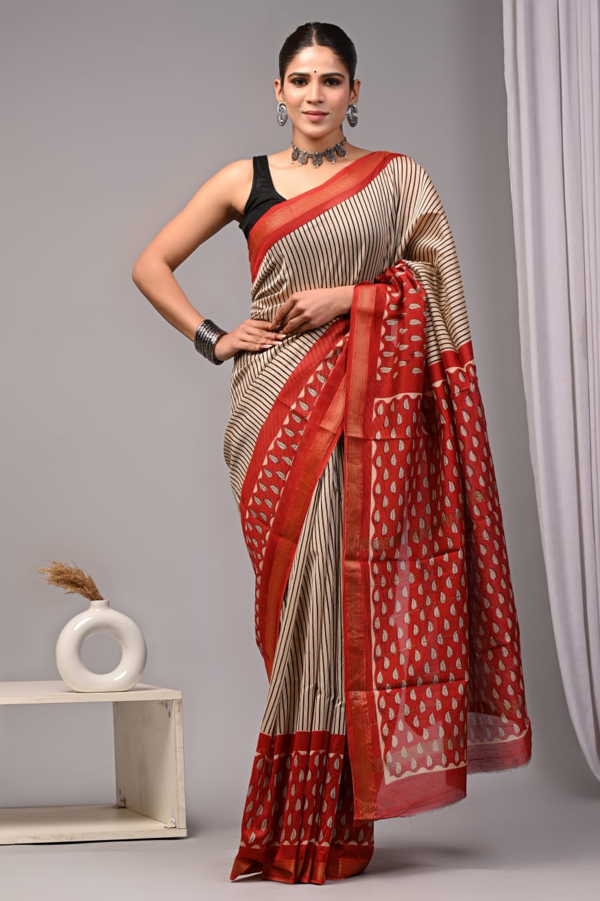 New Designer Hand Block Print Maheshwari Silk Saree