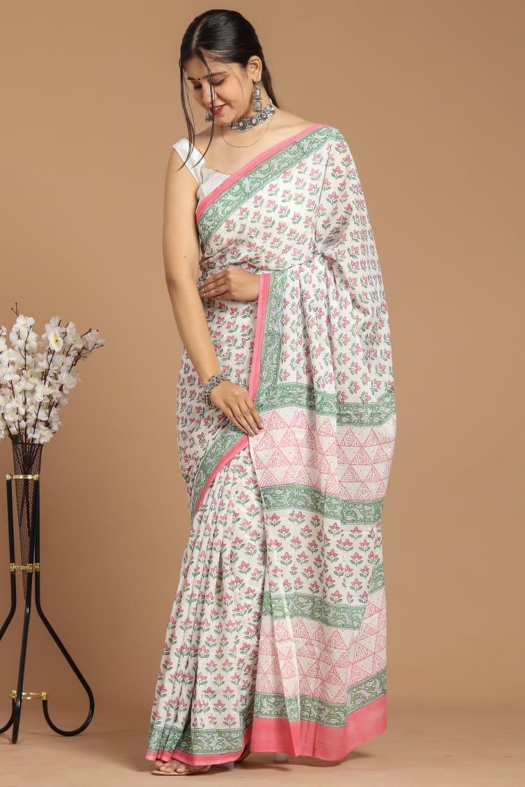 Traditional Authentic Hand Block Printed Pure Organic Cotton Sarees With matching Blouse